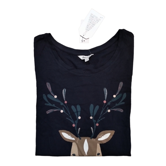 🌼NWT⭐Reitmans Sleepwear Long Sleeve Lounge T-Shirt Navy blue Cute cartoon Deer - Picture 6 of 15